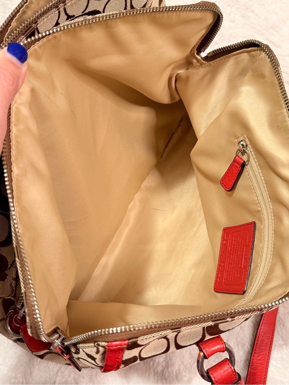Coach Beige Signature Canvas Satchel with Red Leather Trim - Picture 7 of 16